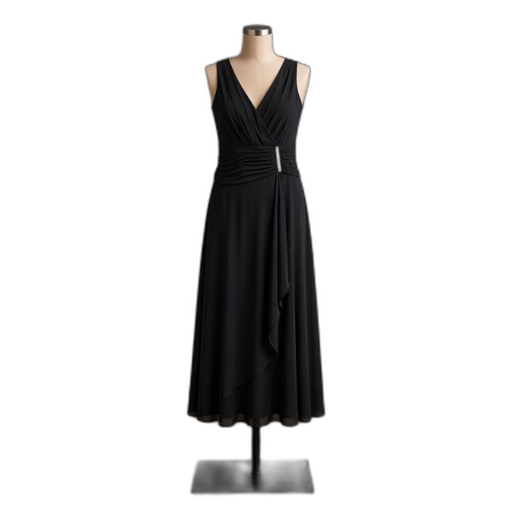 Jessica Howard Black Sleeveless Cocktail Dress Size 14 Rhinestone Waist Midi